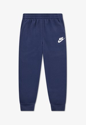 Pantaloni sport bleumarin dintr-un amestec moale de bumbac, cu talie elastică și manșete striate, având un logo Nike alb pe coapsa stângă.