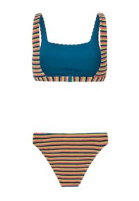 Bikini set s pevným tyrkysovým vrškem se vícebarevnými pruhovanými okraji a odpovídajícími pruhovanými bikini kalhotkami v růžové, zelené a modré.