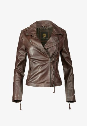 Braune Lederbikerjacke mit taillierter Passform, asymmetrischen Reißverschlüssen und silbernen Hardwareelementen. Verfügt über Fronttaschen und einen geknöpften Kragen.