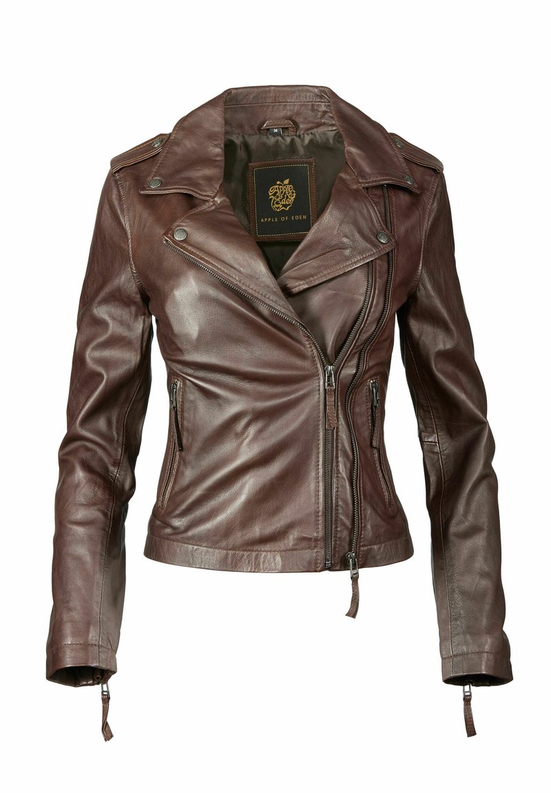 Braune Lederbikerjacke mit taillierter Passform, asymmetrischen Reißverschlüssen und silbernen Hardwareelementen. Verfügt über Fronttaschen und einen geknöpften Kragen.