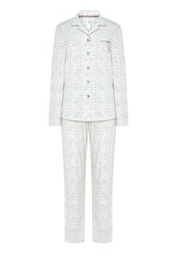 Conjunto de pijama de botones de manga larga blanca con lunares negros, cuello con muesca, bolsillo en el pecho y pantalones largos a juego.