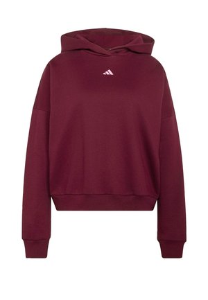 Bordo dukserica s kapuljačom od mekanog materijala, s krojenim dizajnom, dugim rukavima i malim ružičastim trokutastim logom na prsima.