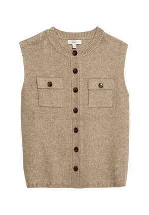 Cardigan smanicato beige con scollo rotondo, chiusura frontale con bottoni e due tasche sul petto. Realizzato in tessuto a maglia testurizzato.