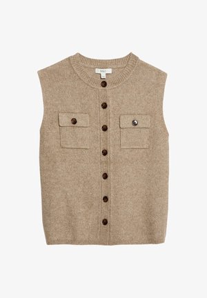 Beige ärmlös cardigan med rund halsringning, framknäppning med knappar och två bröstfickor. Tillverkad av strukturerat stickat tyg.