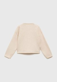 Pulover scurt bej, cu mâneci lungi, guler rotund și textură ribbată. Design simplu cu tiv drept și detalii de cusătură minime.