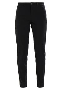 Black slim-fit pants with front button closure and a zippered side pocket on the right thigh, displayed on a white background.