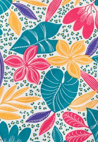Tessuto colorato con un motivo di diverse foglie e fiori in turchese, rosa, arancione e viola su uno sfondo chiaro con dei puntini.