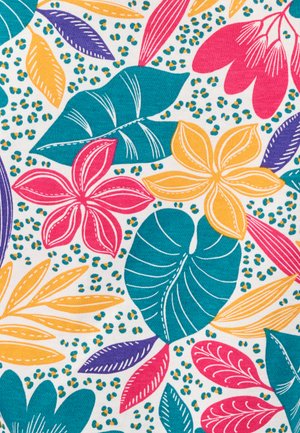 Tissu coloré présentant un motif de diverses feuilles et fleurs en bleu-vert, rose, orange et violet sur un fond clair avec des points.
