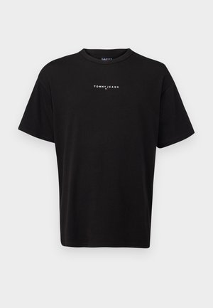 Black cotton t-shirt with a round neckline, short sleeves, and a small white "TOMMY JEANS" logo on the chest. Simple, regular fit design.