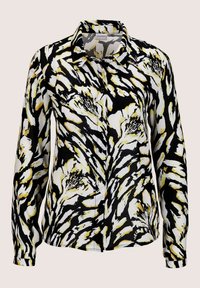 Langermige knoopsluiting shirt in zwart, wit en geel met een gedurfd abstract patroon. Gemaakt van soepele stof met een klassieke kraag en een borstzak.