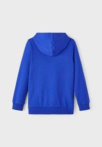 Felpa in cotone blu con cappuccio foderato, maniche lunghe e polsini a costine. Presenta un design a tinta unita con una vestibilità comoda.