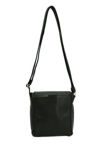 Schwarze Leder-Umhängetasche mit strukturiertem Oberflächendesign, rechteckiger Form, verstellbarem Schulterriemen und minimalistischer Gestaltung.