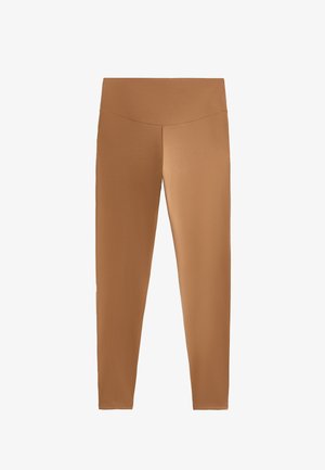 Brązowe legginsy z wysokim stanem wykonane z gładkiego, elastycznego materiału. Projekt charakteryzuje się bezszwowym pasem w talii oraz dopasowanym krojem.