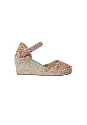 Wedge espadrille shoe with multicolored woven fabric upper, beige jute sole, and a pink adjustable ankle strap with buckle.