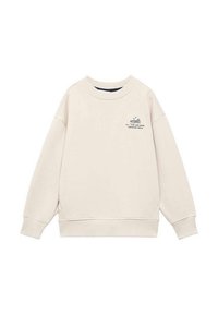 Sweat-shirt beige avec un col rond, des poignets et un ourlet côtelés. Présente un petit imprimé graphique et un tissu doux et texturé.