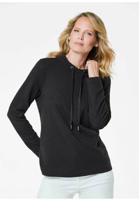 Zwarte hoodie met een gestructureerd, ribbelontwerp, voorzien van een trekkoord met metalen aglets en lange mouwen.