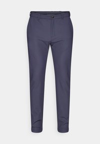 Marineblauwe broek van gladde stof, met een knoop- en ritssluiting, met een taps toelopend ontwerp en opgerolde boorden.