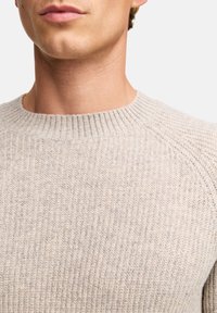 Beige gestrickter Pullover mit einem gerippten Rundhalsausschnitt und feiner Textur, mit Raglanärmeln und subtilen Farbvariationen im Garn.
