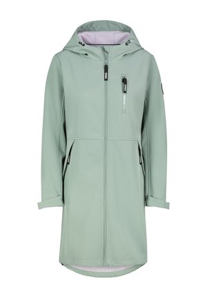 Mintgrüne wasserdichte Jacke mit Kapuze, ausgestattet mit Reißverschlusstaschen, einem Frontreißverschluss und verstellbaren Kordeln am Hals. Glatte Textur.