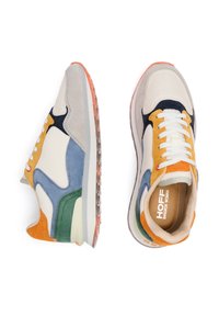 Multicolored sneaker featuring white mesh and suede in orange, green, blue, and navy accents; cushioned sole with textured tread pattern.