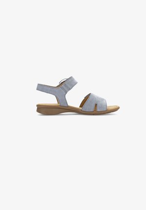 Grijze nubuck sandaal met een open teenontwerp, verstelbare enkelband en een gevoerde zool voor comfort. Heeft uitsnijdingen als accent.