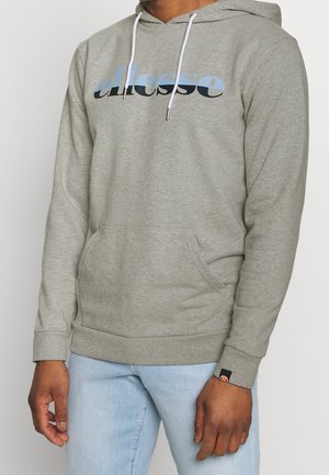 Lichtgrijze hoodie met een trekkoordcapuchon, een voorkeurszak en een groot blauw en zwart logo. Geribbelde manchetten en zoom met een merketiket.