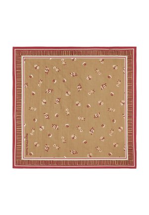 Quadratischer beiger Schal mit kleinen roten und weißen Blumenbüscheln, umrandet von roten Streifen und einem rechteckigen gestreiften Rahmen.