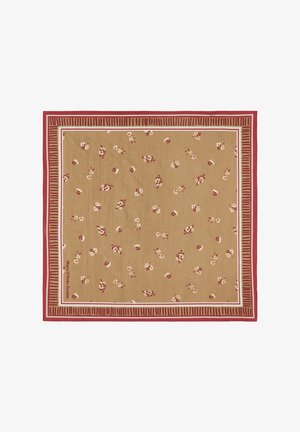 Quadratischer beiger Schal mit kleinen roten und weißen Blumenbüscheln, umrandet von roten Streifen und einem rechteckigen gestreiften Rahmen.