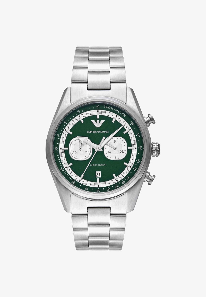 Montre chronographe Emporio Armani en métal argenté avec cadran vert, deux sous-cadrans blancs, échelle tachymétrique et affichage de la date à 6 heures.