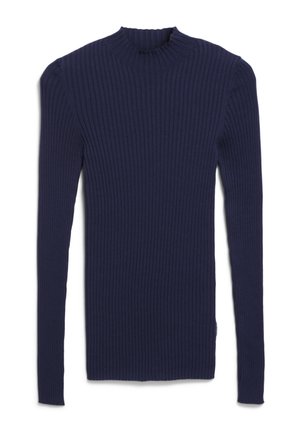 Marineblauer, gerippter Pullover mit langen Ärmeln, hohem, rundem Ausschnitt und taillierter Silhouette, ausgestattet mit strukturiertem Stoff und langen Ärmeln.