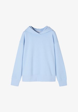 Hoodie bleu deschis, realizat dintr-un amestec moale de bumbac; caracteristici include o croială lejeră, mansete ribbate și o buzunar tip kangur.