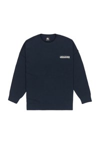 Sweatshirt azul-marinho feito de tecido de malha, com decote redondo, punhos e barra canelados, com um logo branco bordado no peito.
