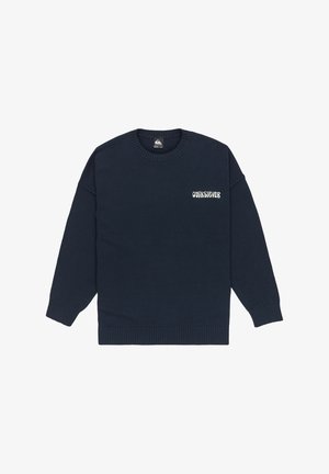 Marineblauwe sweatshirt van brei-echt, met een ronde halslijn, geribbelde manchetten en zoom, en een wit logo geborduurd op de borst.