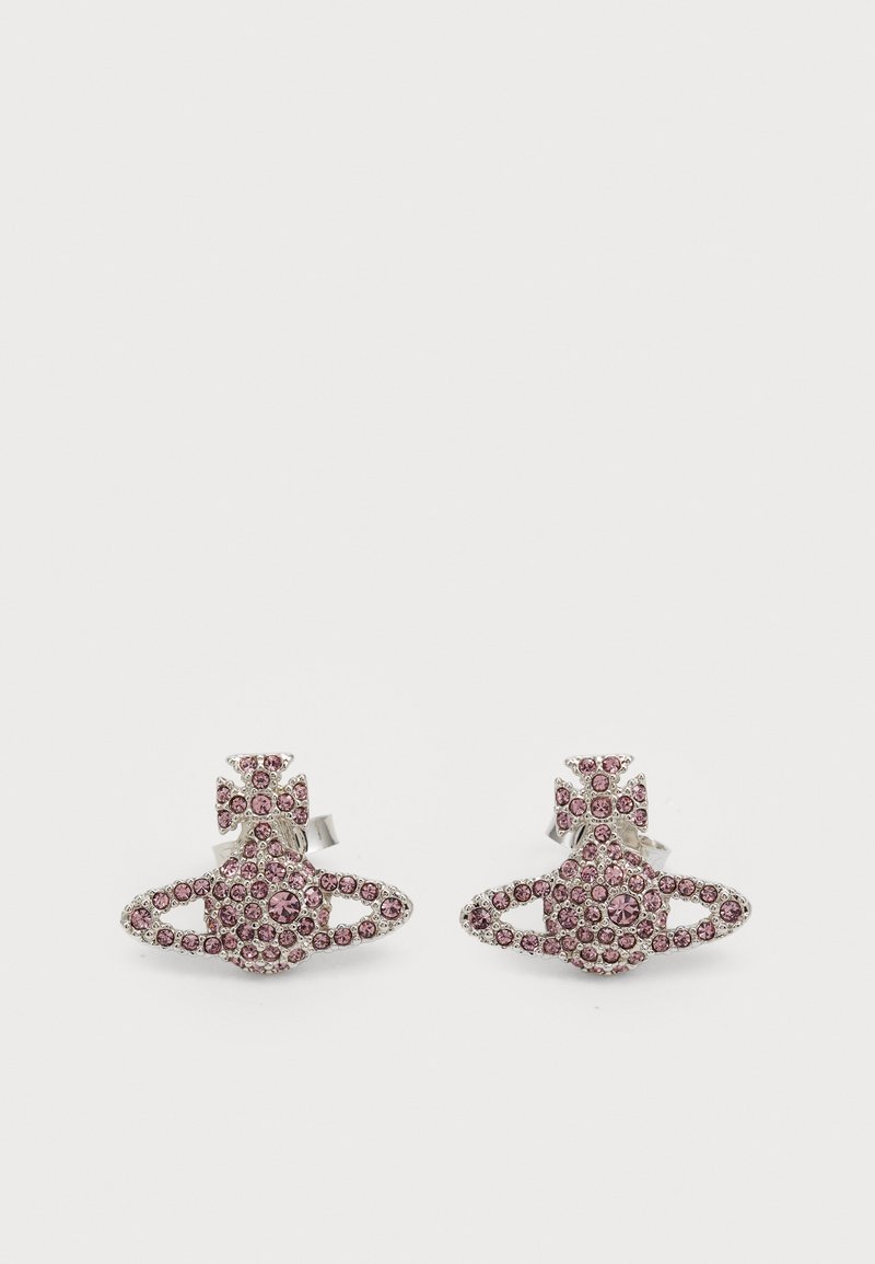 Roosad rhinestone kõrvarõngad metallraamis, kaunistatud dekoratiivse kaare ja ringikujulise disainiga avatud aktsentidega. Läikiv ja sädelev viimistlus.