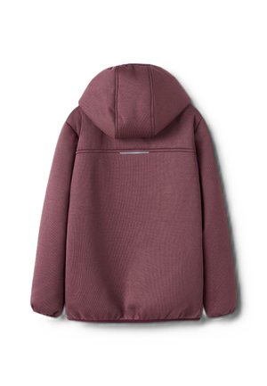 Bordeaux hættetrøje med en struktureret stof, elastiske manchetter og en reflekterende stribe på ryggen. Har en afslappet pasform og blødt materiale.