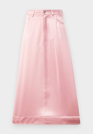 Pink satin skirt with a flared design, featuring a front button closure, belt loops, and two side pockets. Smooth texture with a glossy finish.