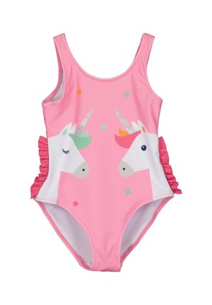 Maillot de bain une pièce rose avec deux licornes, des accents en volants et des étoiles multicolores. Fabriqué en matière extensible avec une texture lisse.