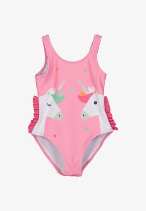 Różowy jednoczęściowy kostium kąpielowy z dwoma jednorożcami, falbankami i kolorowymi gwiazdkami. Wykonany z elastycznego materiału o gładkiej teksturze.
