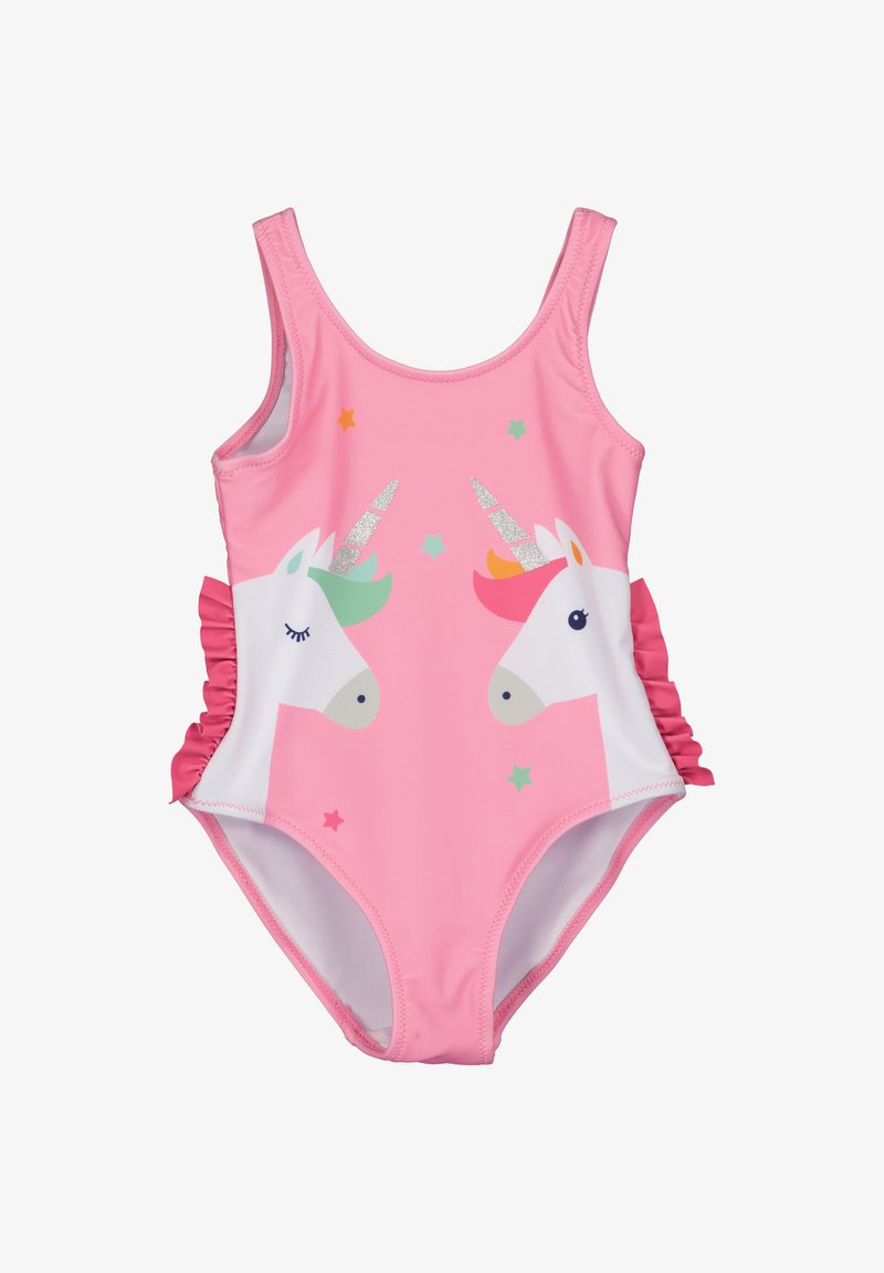 Maillot de bain une pièce rose avec deux licornes, des accents en volants et des étoiles multicolores. Fabriqué en matière extensible avec une texture lisse.