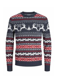 Sötétkék pulóver, amely Fair Isle mintával rendelkezik, fehér rénszarvasokkal, hópihékkel és piros díszítéssel. Bordázott mandzsetták és nyakkivágás. Klasszikus fazon.