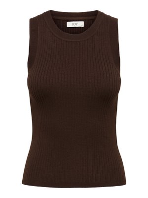 Top sin mangas de punto acanalado de color marrón oscuro con escote redondo, silueta ajustada y etiqueta de la marca JDY en el cuello.
