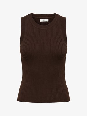 Haut sans manches brun foncé en maille côtelée avec un col rond, une silhouette ajustée et une étiquette de la marque JDY au niveau du col.