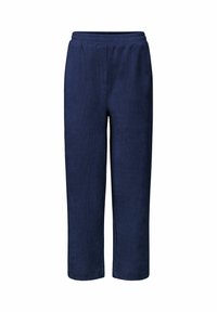 Pantalons en tissu doux bleu marine, avec une taille élastique, des jambes droites, et sans poches ni coutures visibles.