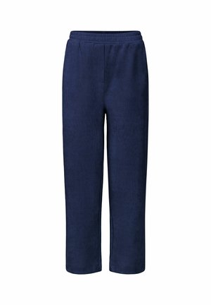 Pantaloni in tessuto morbido di colore blu navy con una vita elasticizzata, gamba dritta e senza tasche o cuciture visibili.