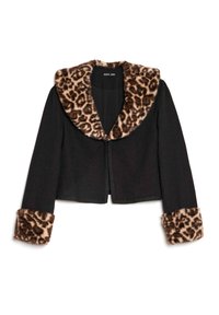 Black cropped jacket with a leopard print collar and cuffs, featuring a textured finish and a front clasp closure.