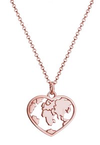 Rose-guld hjerteformet vedhæng med en detaljeret udskæring af verden, hængende fra en delikat kæde, glat tekstur, skinnende finish.