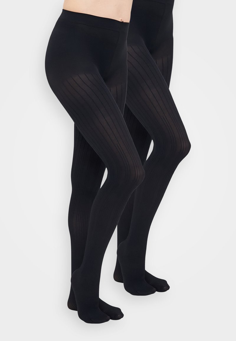 Schwarze gerippte Strumpfhosen mit glatter Textur, opakem Finish und geschlossenen Füßen. Sie haben einen hohen Bund für zusätzlichen Komfort.