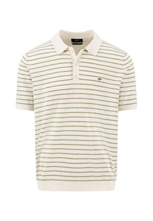Kurzärmeliges cremefarbenes Polohemd mit dünnen olivgrünen horizontalen Streifen, dreiknöpfiger Knopfleiste und kleinem, gesticktem Logo auf der Brust.