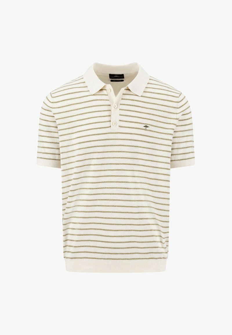 Polo a maniche corte color crema con sottili strisce orizzontali oliva, apertura a tre bottoni e piccolo logo ricamato sul petto.