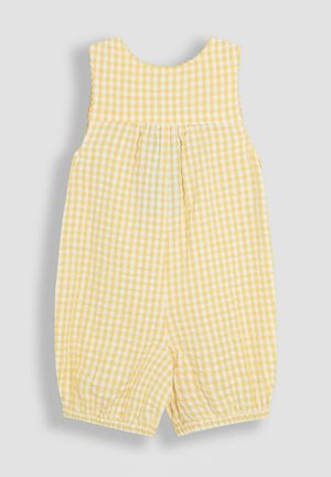 Yellow gingham sleeveless romper with gathered waist, elasticized leg openings, and scalloped neckline. Made from lightweight fabric.
